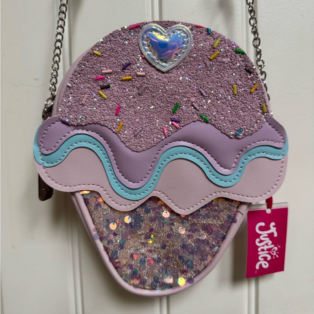 NWT Justice Sequinned Ice Cream Cone Mini Purse. 6” by 7.5” by 1.5”
